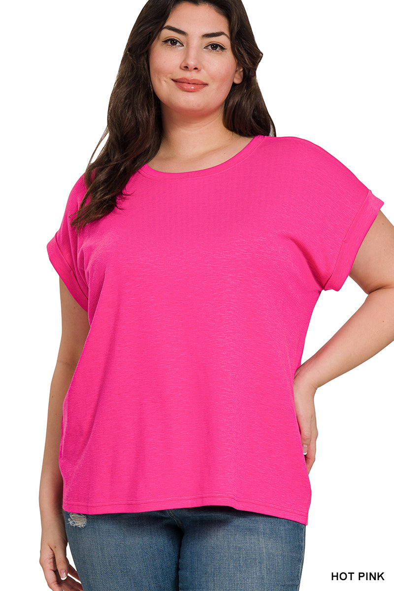 Rolled Sleeve Tee Plus Size Hot Pink